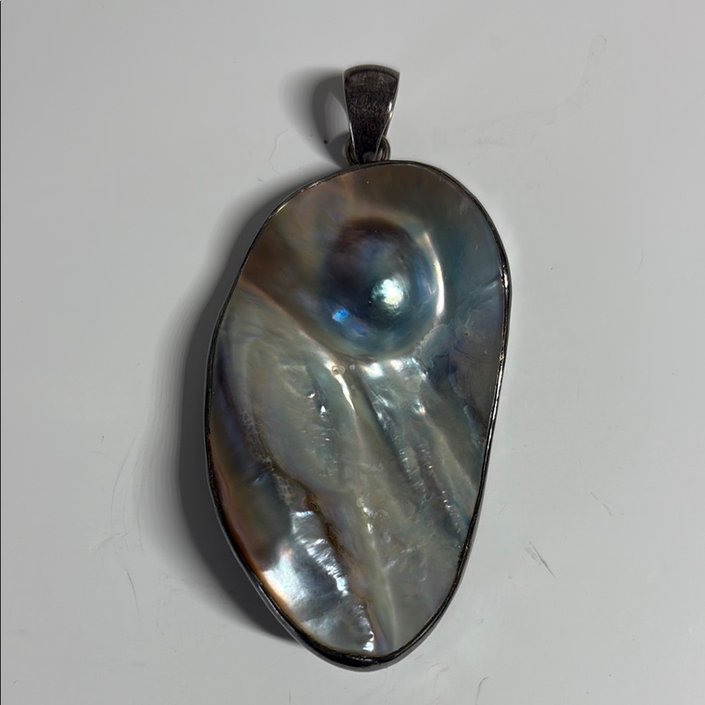 Charles Albert Signed Iridescent Abalone Sterling Silver Pendant Necklace